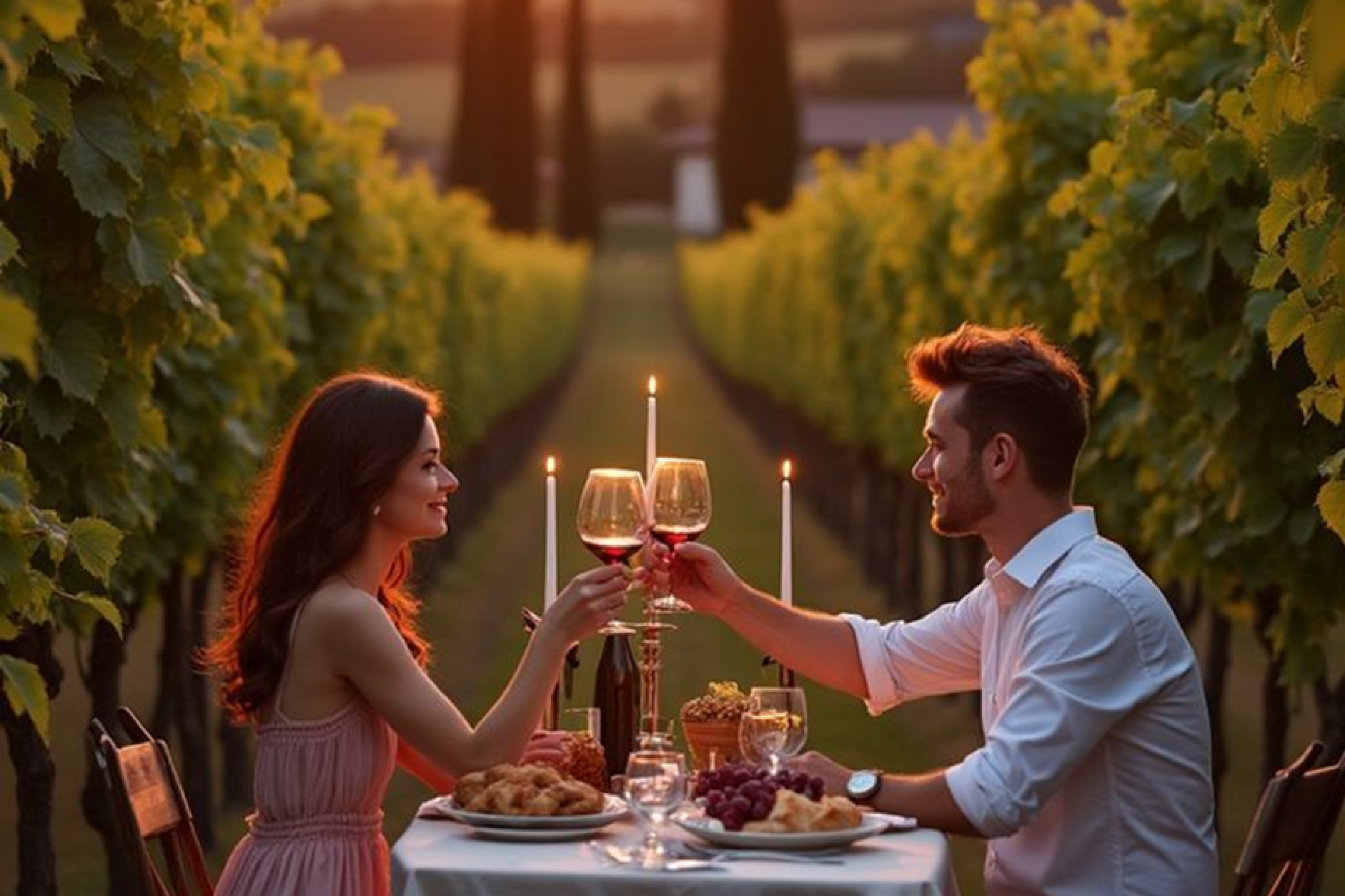 Proposta in vigna al tramonto con anello di fidanzamento in oro giallo