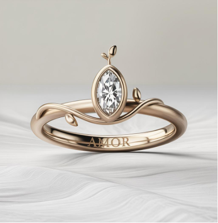 Rendering anello di fidanzamento realizzato da ChatGPT - variante con incisione AMOR