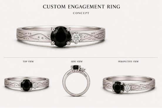 Risultato finale anello di fidanzamento realizzato da ChatGPT - concept con diamante nero e incisioni puntinate